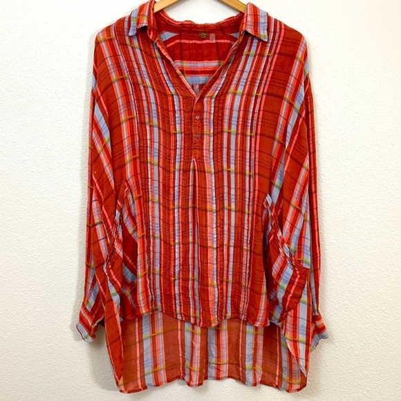 FP One Waverly Tunic Shades of pink plaid with pleating details size M - Picture 1 of 8